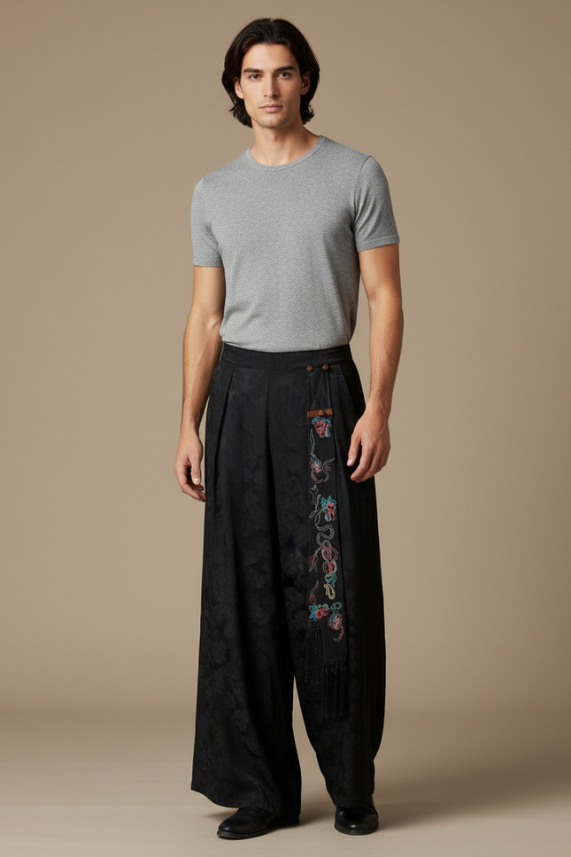 Pantalon Chinois Noir Jacquard Brodé Ample Ethnique Vintage - Soie