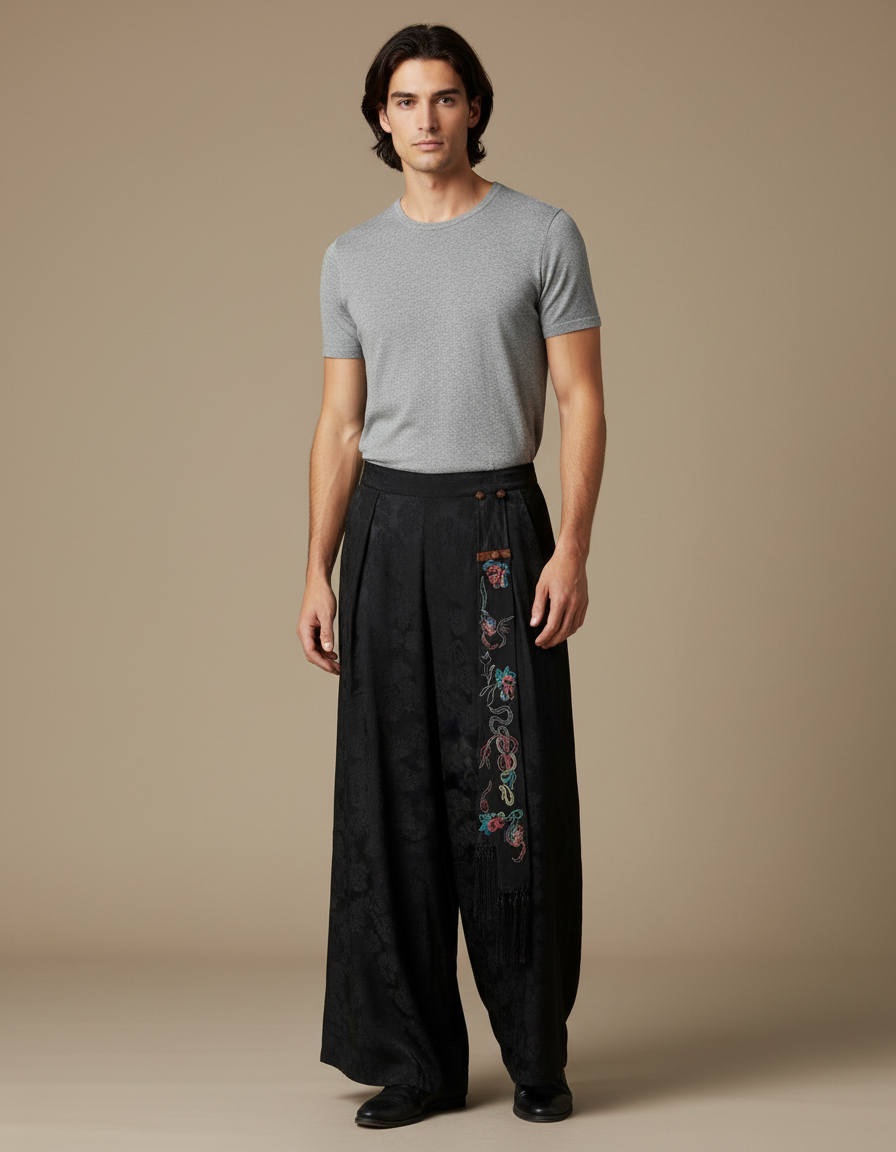 Pantalon Chinois Noir Jacquard Brodé Ample Ethnique Vintage - Soie
