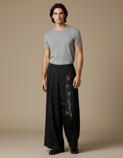 Pantalon Chinois Noir Jacquard Brodé Ample Ethnique Vintage - Soie