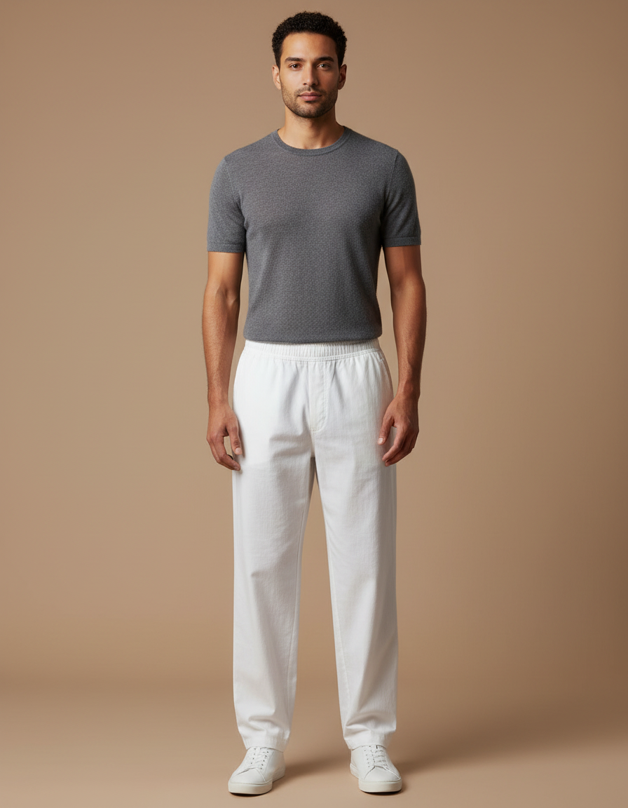 Pantalon Chinois Blanc Ample Coton Élastiqué Homme