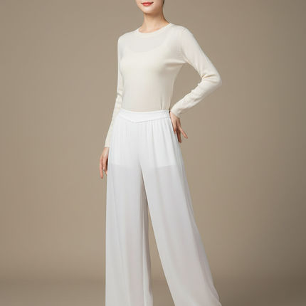 Pantalon Chinois Fluide Blanc Élégant Femme - Polyester