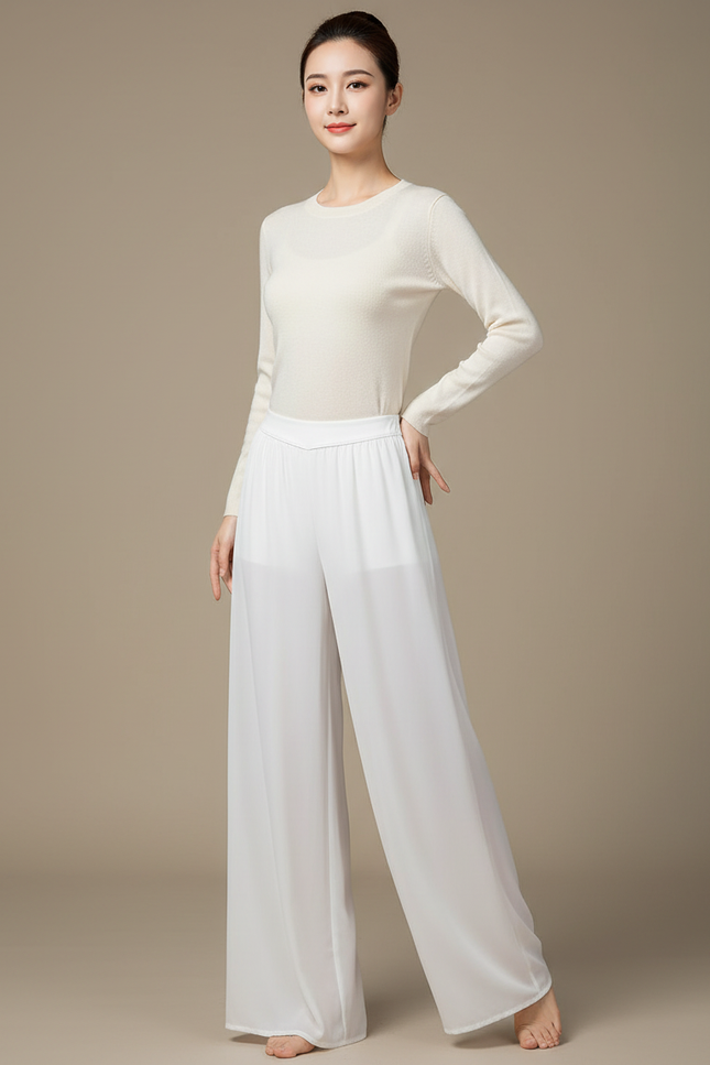 Pantalon Chinois Fluide Blanc Élégant Femme - Polyester