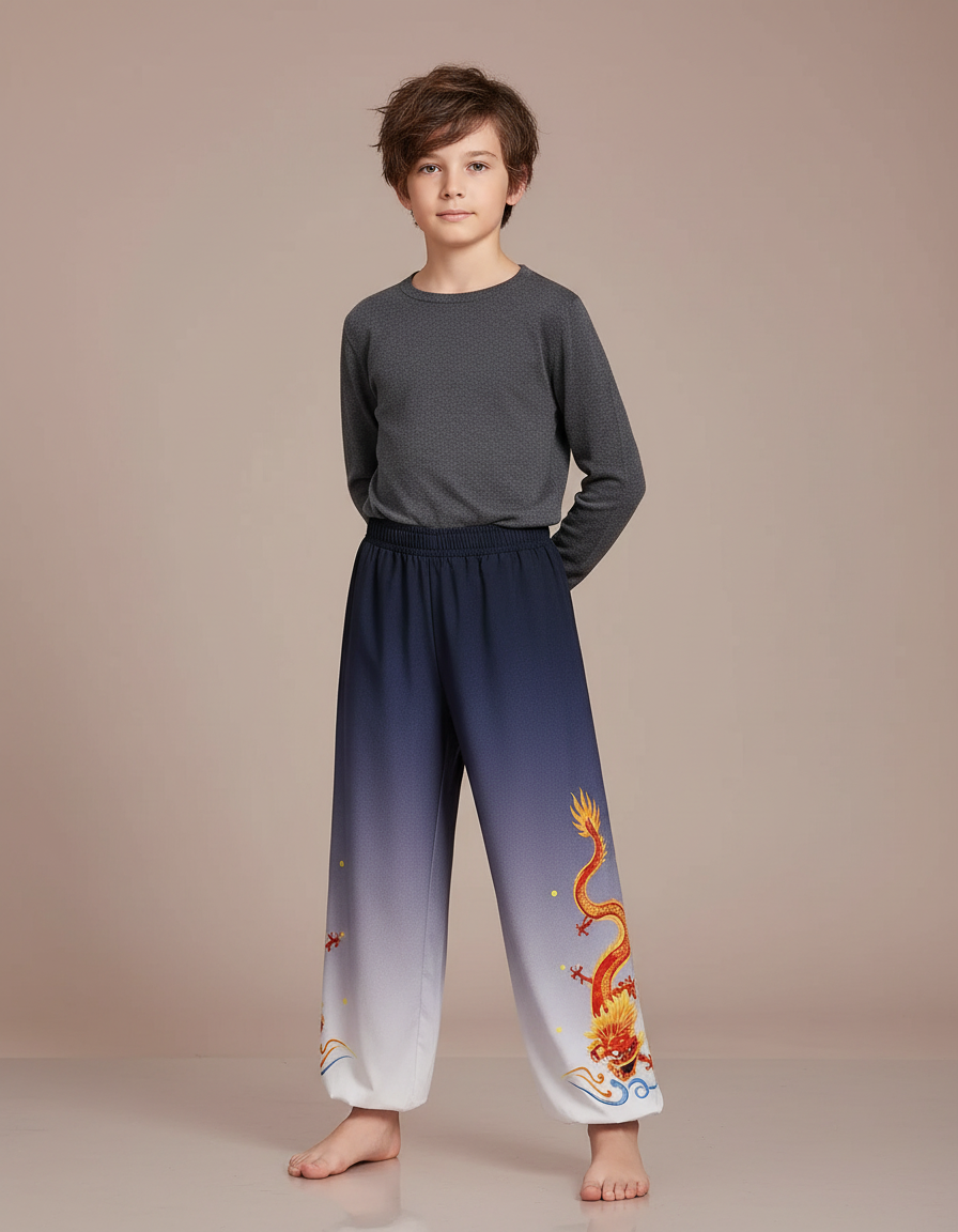 Pantalon Chinois Dégradé Bleu Dragon Brodé Enfant - Multicolore Polyester