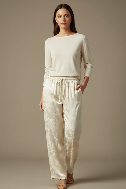 Pantalon Chinois Crème Satin Jacquard Floral Fluide Élégant - Beige