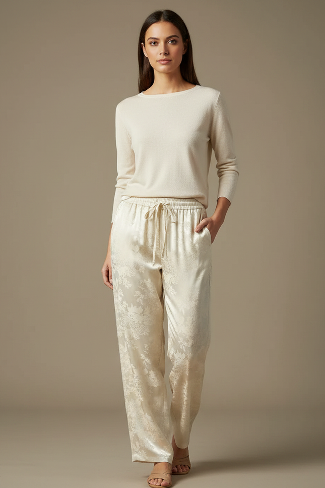 Pantalon Chinois Crème Satin Jacquard Floral Fluide Élégant - Beige