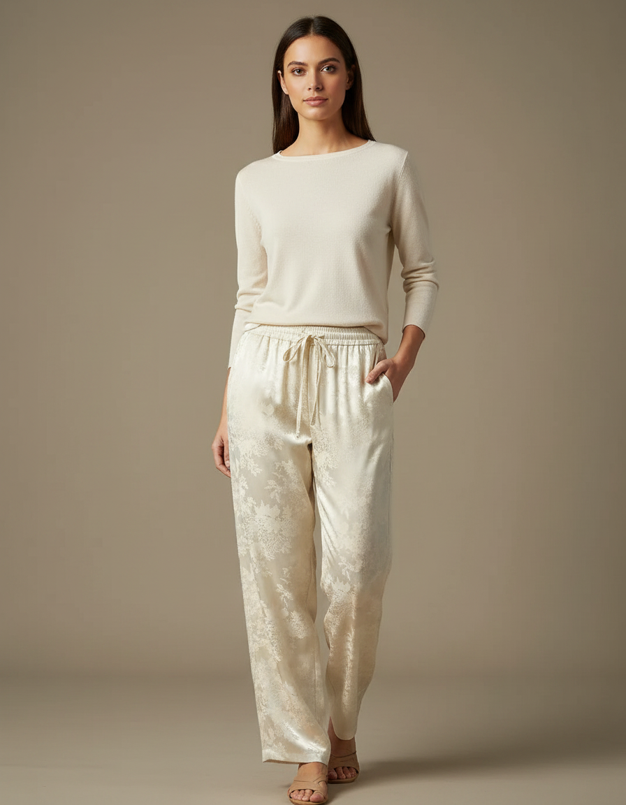 Pantalon Chinois Crème Satin Jacquard Floral Fluide Élégant - Beige