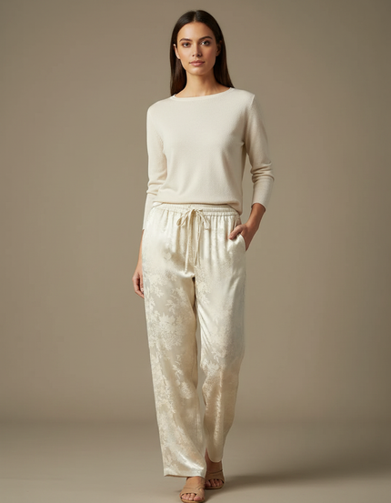 Pantalon Chinois Crème Satin Jacquard Floral Fluide Élégant - Beige