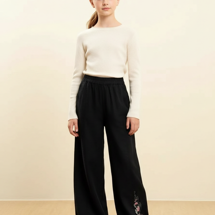Pantalon Chinois Noir Brodé Ample Fille Décontracté - Viscose