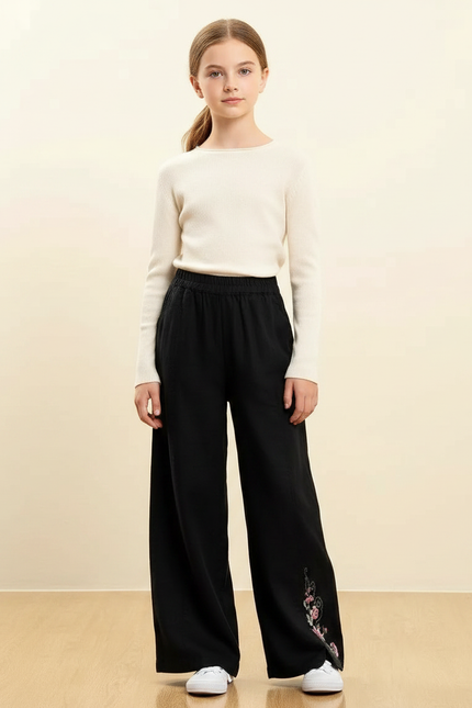 Pantalon Chinois Noir Brodé Ample Fille Décontracté - Viscose