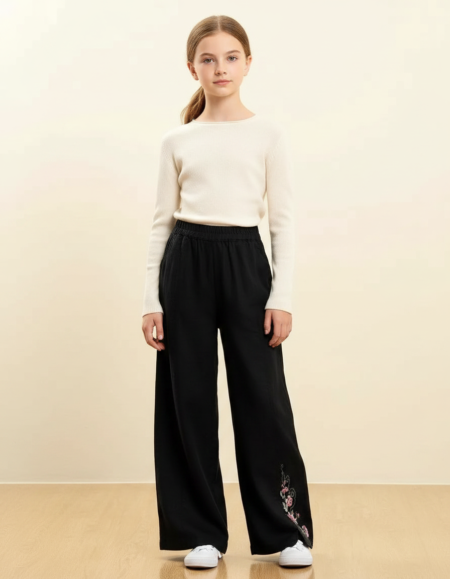 Pantalon Chinois Noir Brodé Ample Fille Décontracté - Viscose