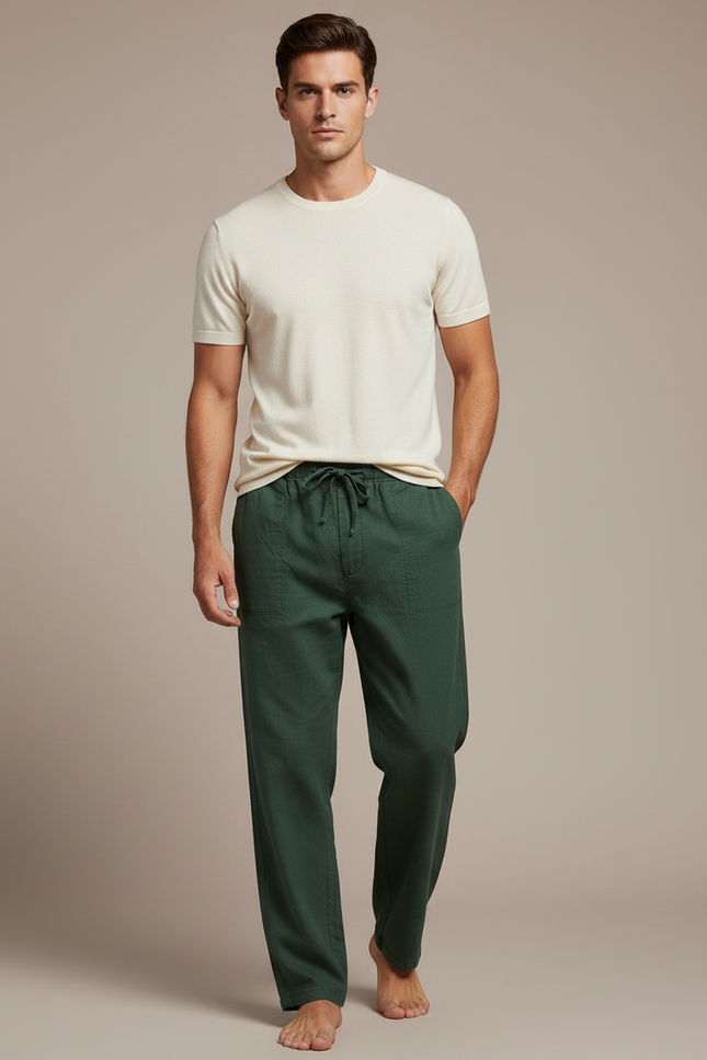 Pantalon Chinois Vert Ample Coton Lin Décontracté