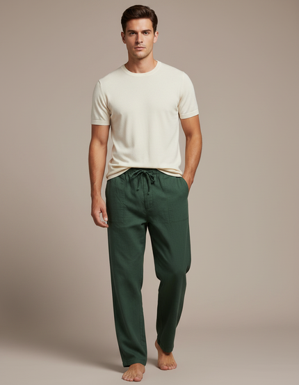 Pantalon Chinois Vert Ample Coton Lin Décontracté