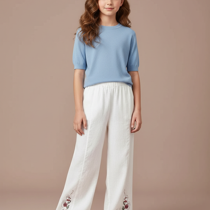 Pantalon Chinois Blanc Brodé Lin Ample Décontracté