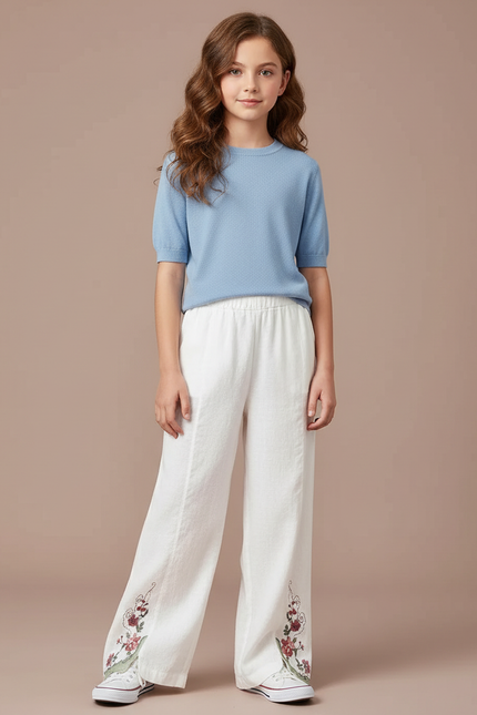 Pantalon Chinois Blanc Brodé Lin Ample Décontracté