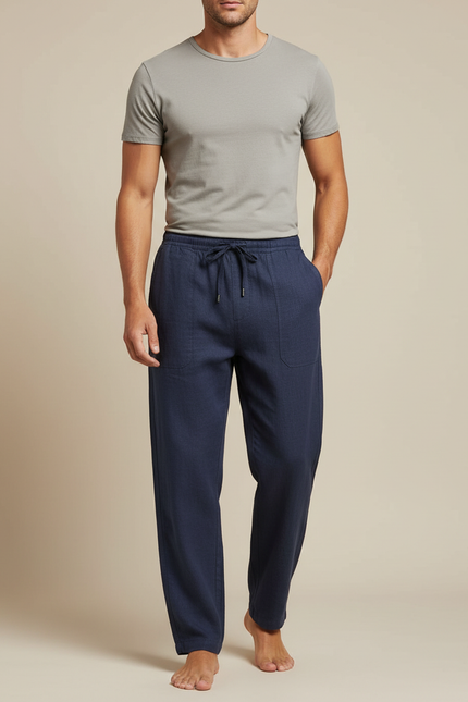 Pantalon Chinois Lin Bleu Marine Ample Décontracté Cordon