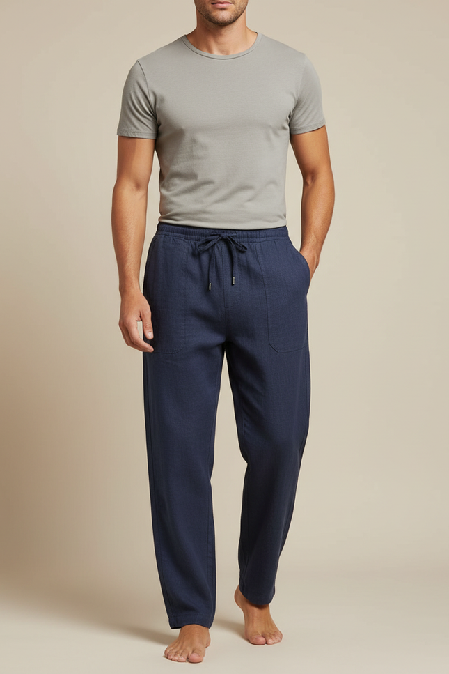 Pantalon Chinois Lin Bleu Marine Ample Décontracté Cordon