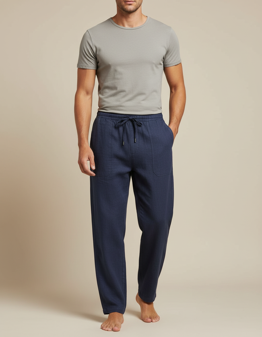 Pantalon Chinois Lin Bleu Marine Ample Décontracté Cordon