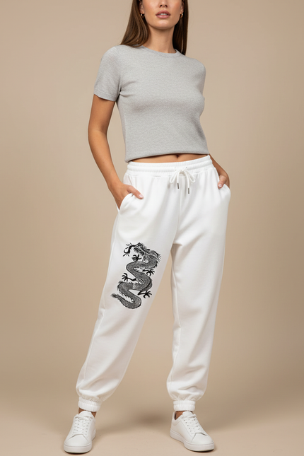 Pantalon Chinois Blanc Dragon Molletonné Ample Décontracté