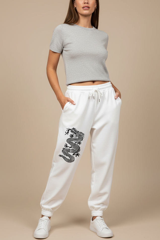 Pantalon Chinois Blanc Dragon Molletonné Ample Décontracté