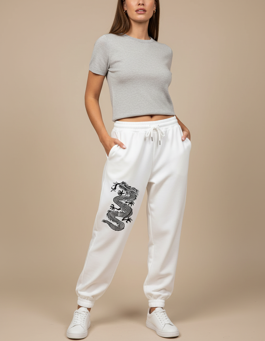 Pantalon Chinois Blanc Dragon Molletonné Ample Décontracté