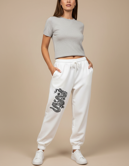 Pantalon Chinois Blanc Dragon Molletonné Ample Décontracté