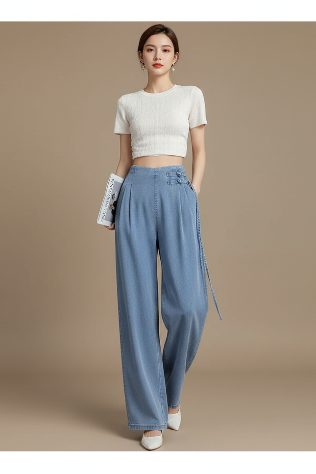 Pantalon Chinois Denim Plissé Ample Taille Haute Femme - Bleu Jean