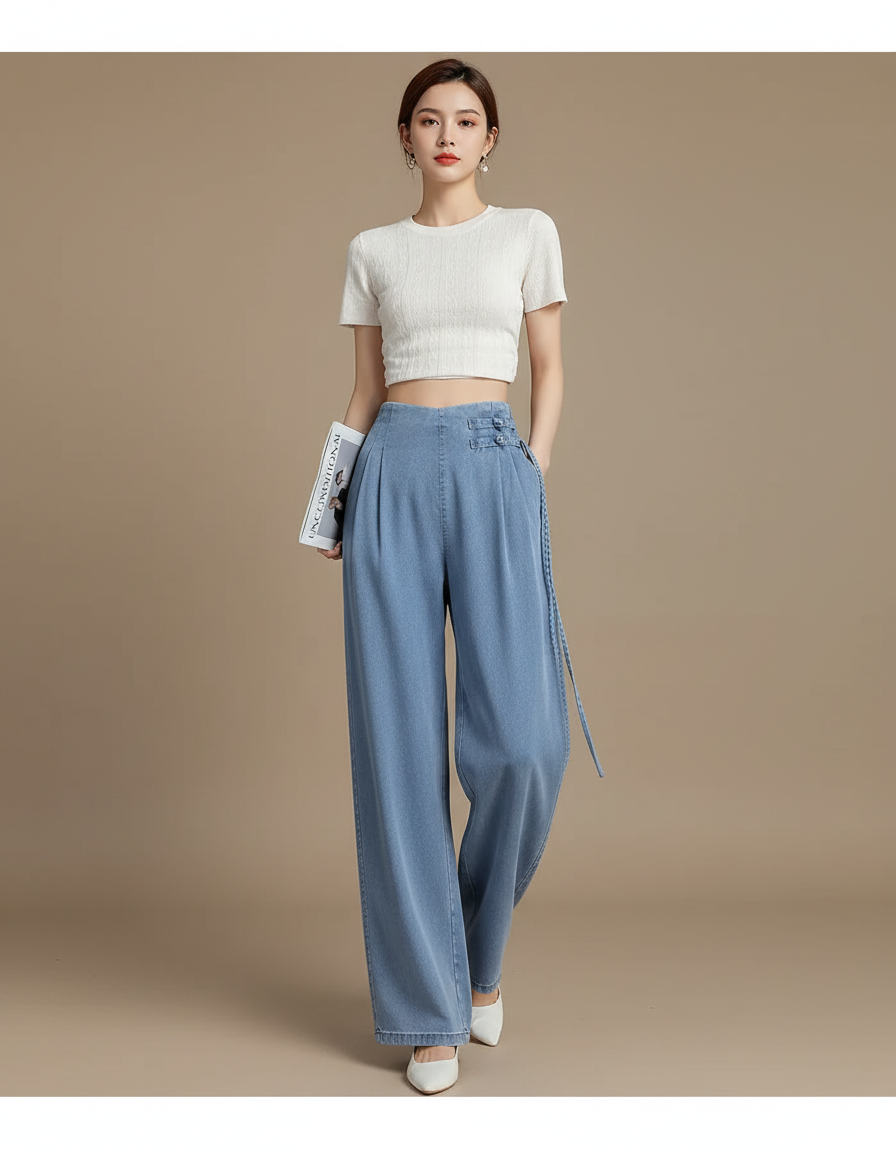 Pantalon Chinois Denim Plissé Ample Taille Haute Femme - Bleu Jean
