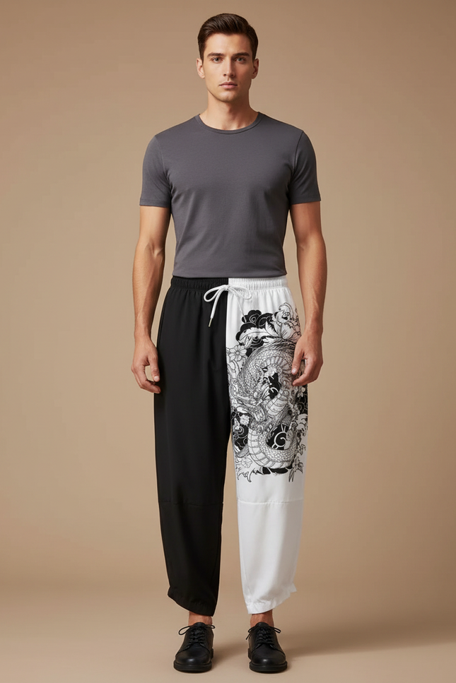 Pantalon Chinois Harem Dragon Bicolore Décontracté Noir Blanc - Multicolore Polyester