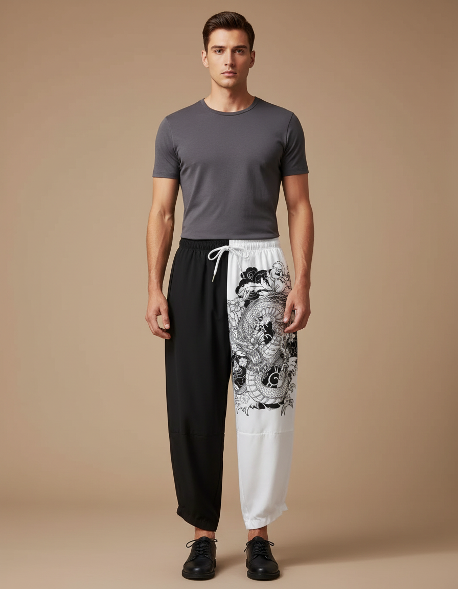 Pantalon Chinois Harem Dragon Bicolore Décontracté Noir Blanc - Multicolore Polyester