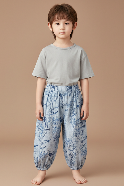 Pantalon Chinois Bleu Ample Imprimé Oiseaux Enfant - Coton