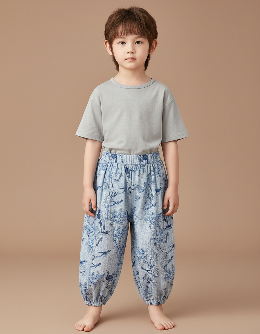 Pantalon Chinois Bleu Ample Imprimé Oiseaux Enfant - Coton