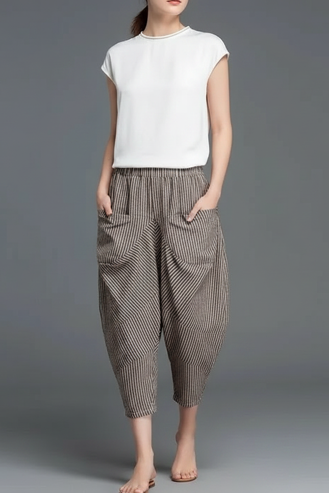Pantalon Chinois Rayé Coton Lin Ample Élastique - Marron