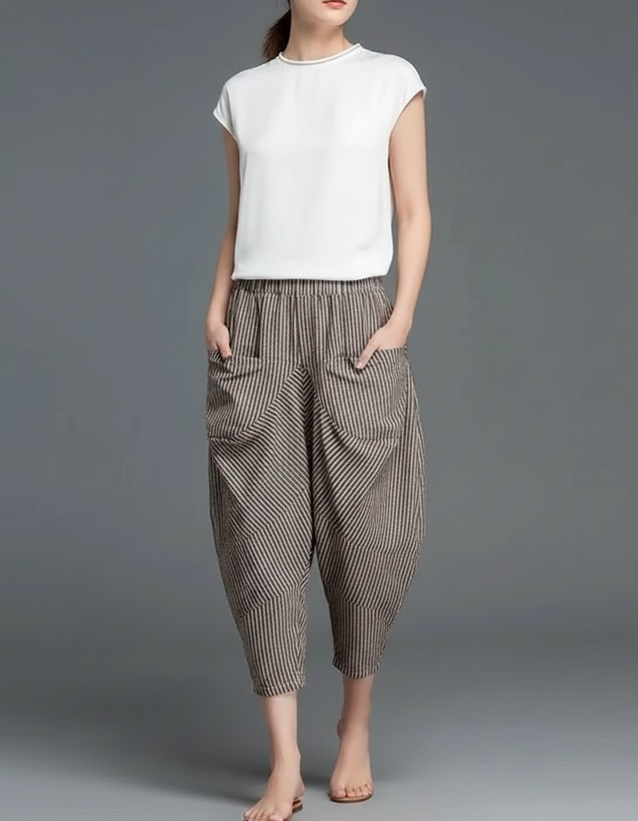 Pantalon Chinois Rayé Coton Lin Ample Élastique - Marron