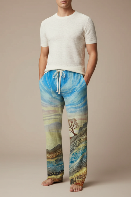 Pantalon Chinois Paysage Artistique Ample Cordon Homme - Imprimé Lin