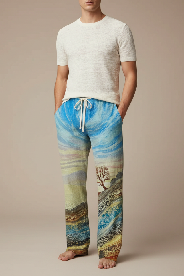 Pantalon Chinois Paysage Artistique Ample Cordon Homme - Imprimé Lin