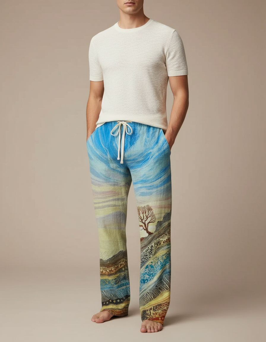 Pantalon Chinois Paysage Artistique Ample Cordon Homme - Imprimé Lin