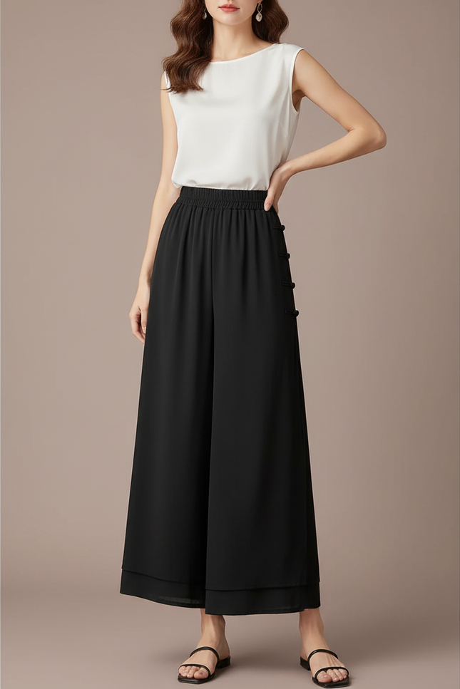 Pantalon Chinois Noir Ample Fluide Boutons Décontracté - Viscose