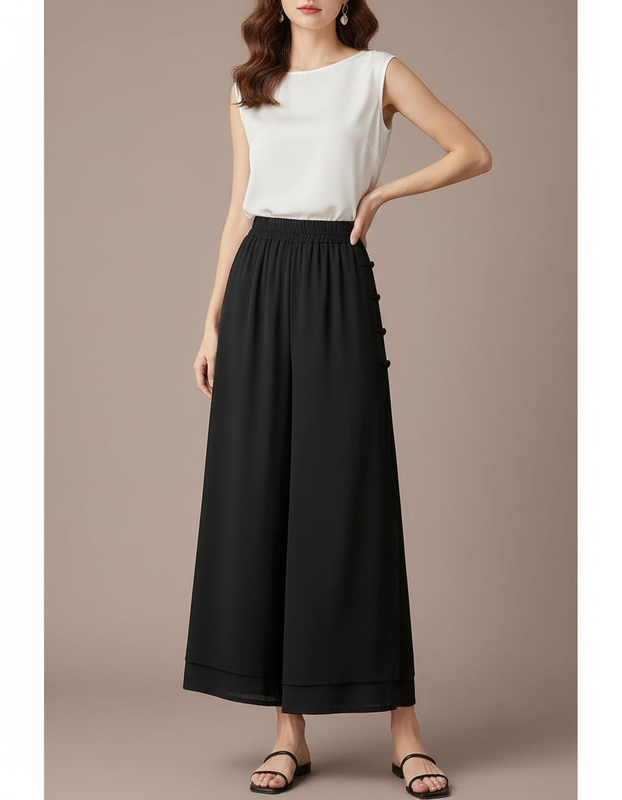 Pantalon Chinois Noir Ample Fluide Boutons Décontracté - Viscose