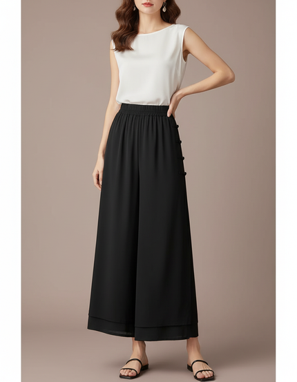 Pantalon Chinois Noir Ample Fluide Boutons Décontracté - Viscose