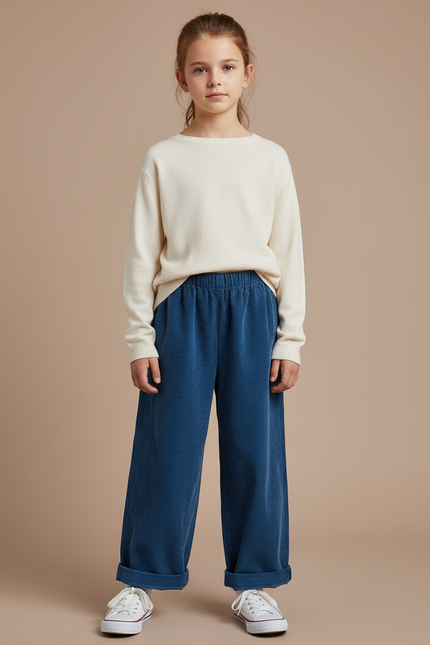 Pantalon Chinois Bleu Côtelé Ample Enfant Décontracté - Cordé