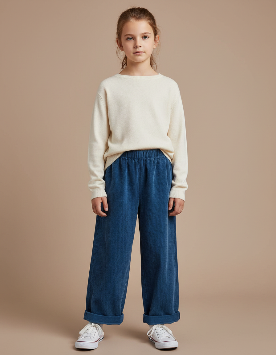 Pantalon Chinois Bleu Côtelé Ample Enfant Décontracté - Cordé