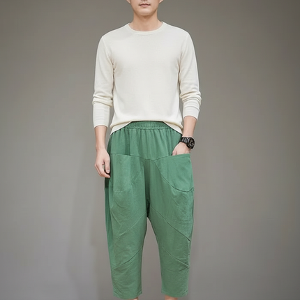 Pantalon Chinois Vert Ample Lin Décontracté Léger