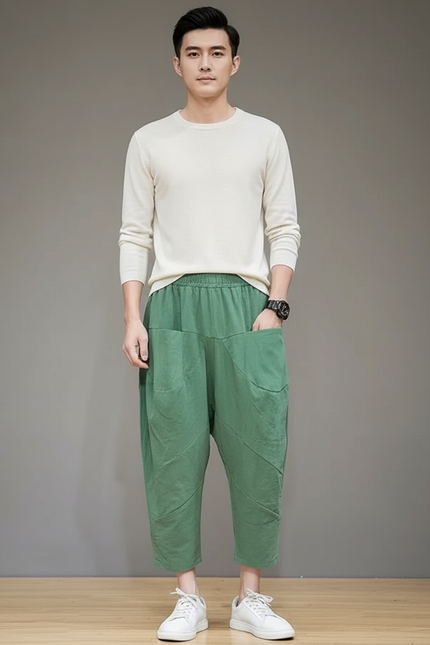 Pantalon Chinois Vert Ample Lin Décontracté Léger