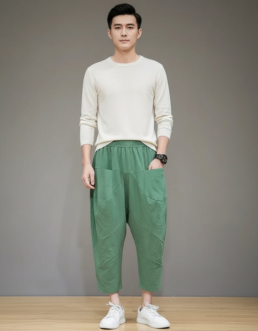 Pantalon Chinois Vert Ample Lin Décontracté Léger
