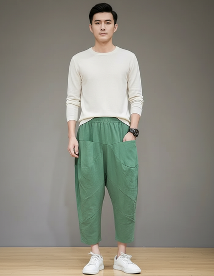 Pantalon Chinois Vert Ample Lin Décontracté Léger