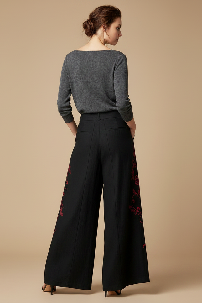 Pantalon Chinois Noir Brodé Ample Fluide Femme - Lin - vue 2
