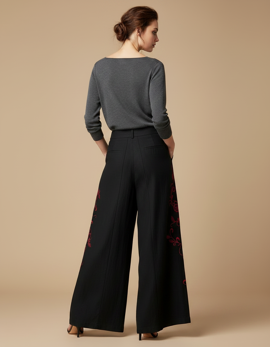 Pantalon Chinois Noir Brodé Ample Fluide Femme - Lin - vue 2