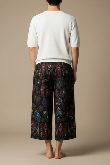 Pantalon Chinois Noir Ample Motifs Ethniques Colorés - Toile - vue 2