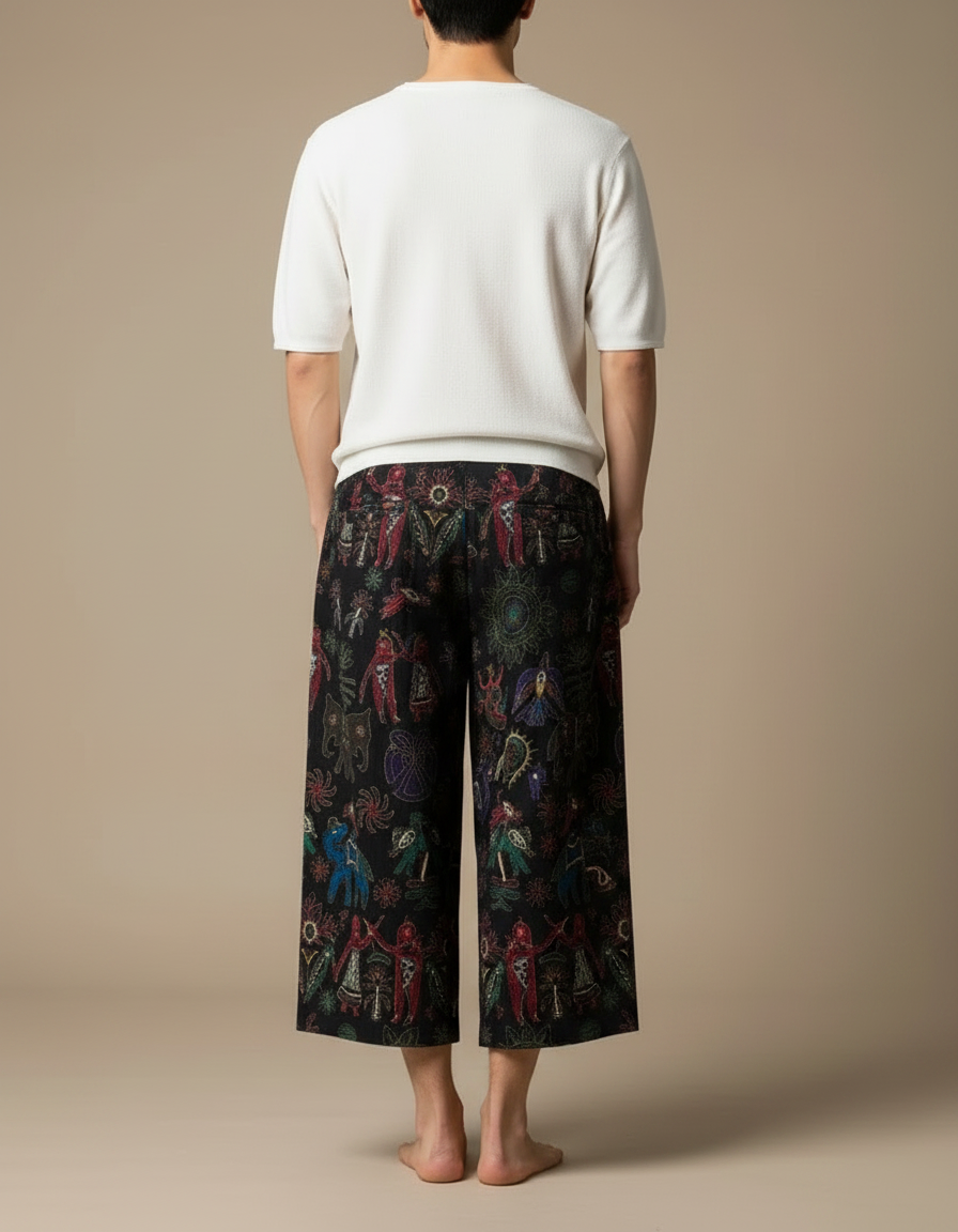 Pantalon Chinois Noir Ample Motifs Ethniques Colorés - Toile - vue 2
