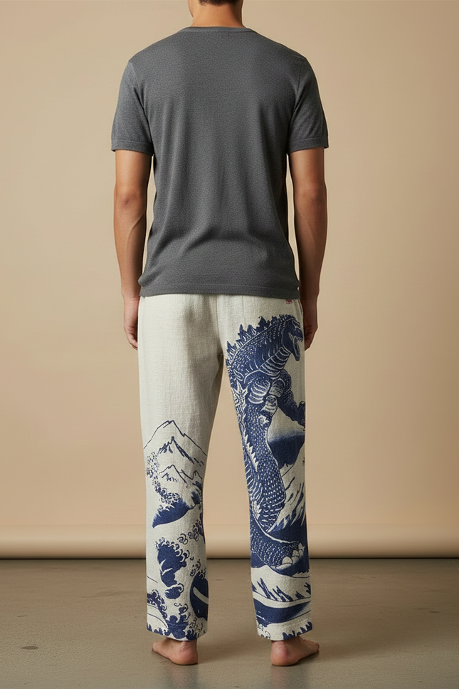 Pantalon Chinois Lin Ample Godzilla Vagues Décontracté - Imprimé - vue 2